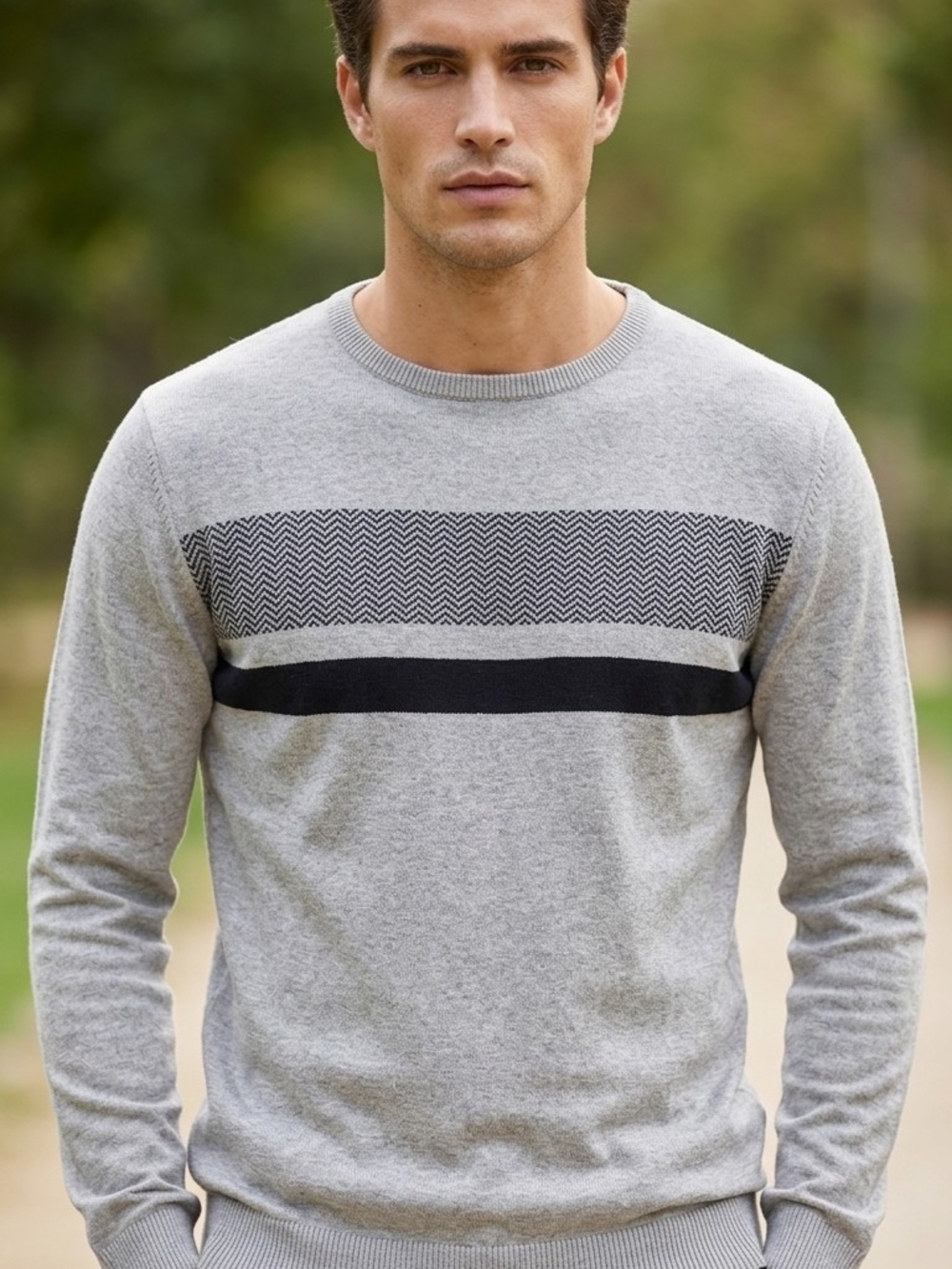 Men's Light Gray Crewneck Sweater with Black Chest Stripe